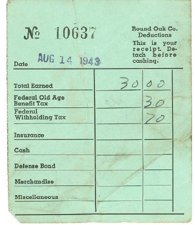 Round Oak Paycheck Stubs 1943