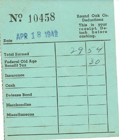 Round Oak Paycheck Stubs 1942