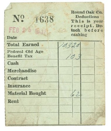 Round Oak Paycheck Stubs 1937