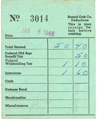 Round Oak Paycheck Stubs 1945