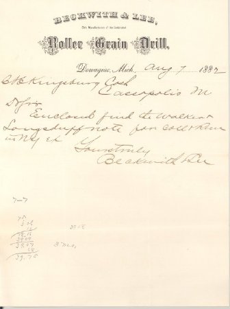 Letter Beckwith & Lee 1882