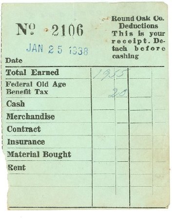Round Oak Paycheck Stubs 1938